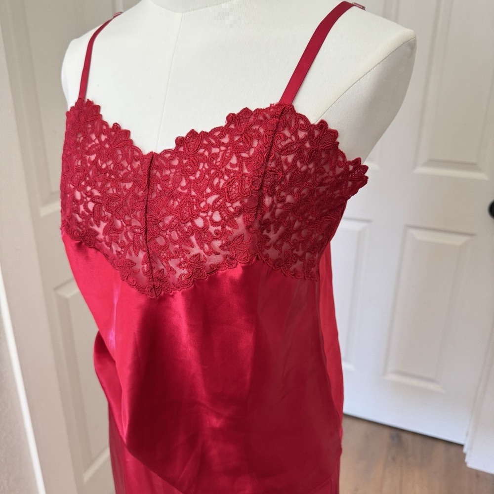 Vtg Cabernet Set Red Wide Lace Liquid Satin Slip Skirt Camisole Top Sz S Sexy - Picture 2 of 13